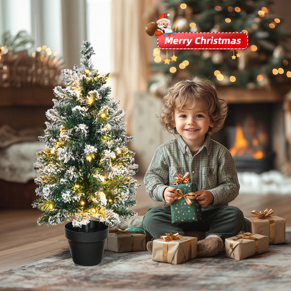 2ft Mini Snowy Christmas Tree with LED Lights - Battery Operated, 8 Modes, Indoor Holiday Decor