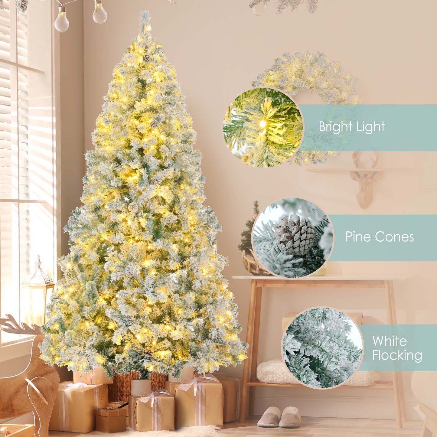 Snow Flocked 6FT Christmas Tree with LED Lights & Garland | Prelit Holiday Decor, Pine Cones