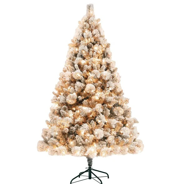 6.5FT Pre-Lit Snow Flocked Christmas Tree with 350 Lights & Metal Stand | Holiday Home Decor