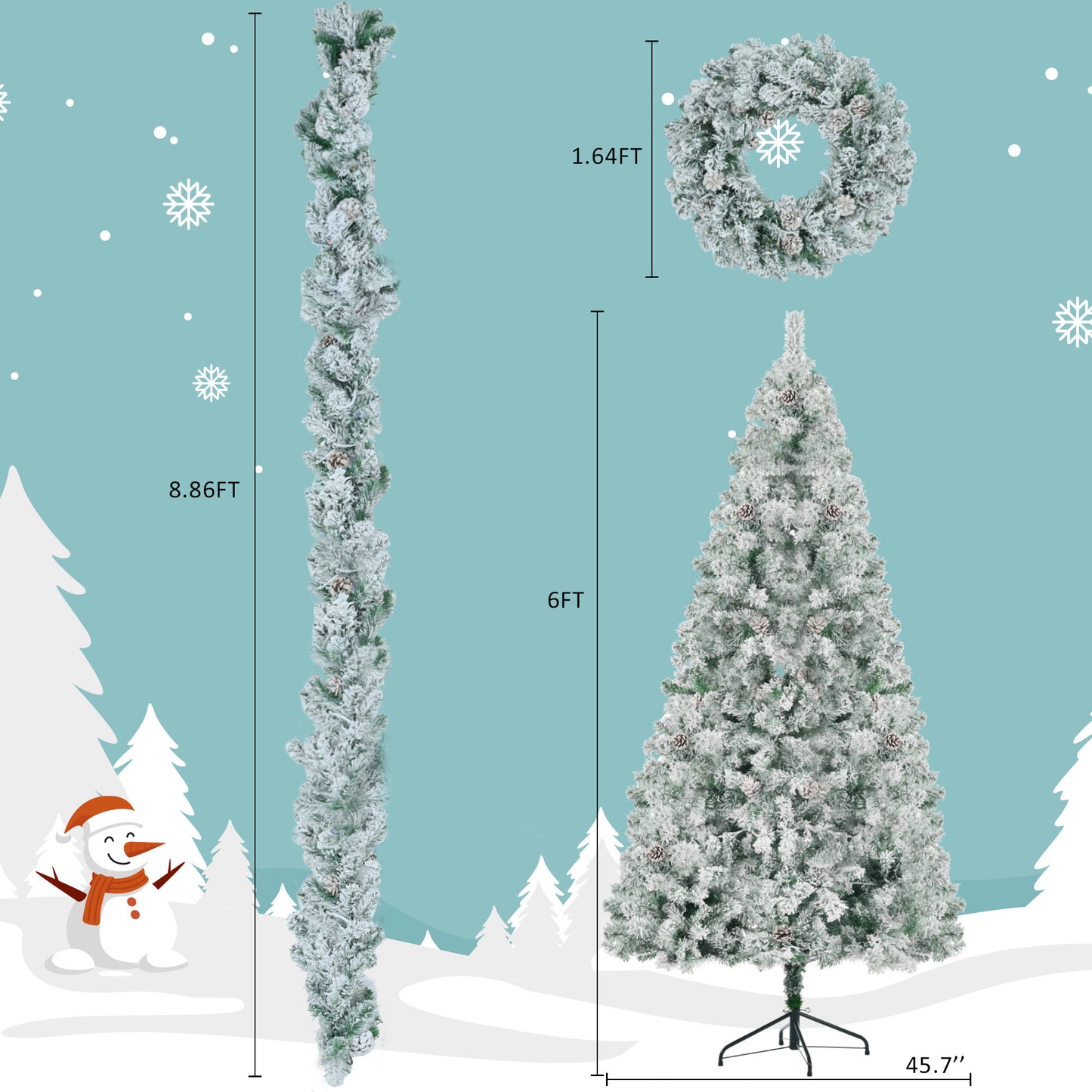 Snow Flocked 6FT Christmas Tree with LED Lights & Garland | Prelit Holiday Decor, Pine Cones