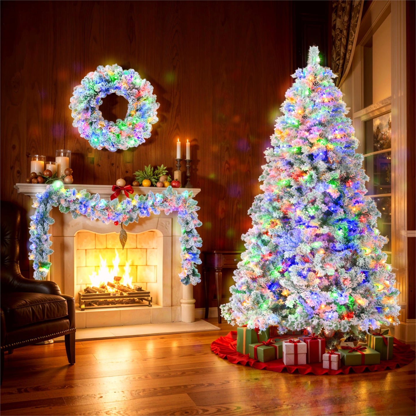Snow Flocked 6FT Christmas Tree with LED Lights & Garland | Prelit Holiday Decor, Pine Cones