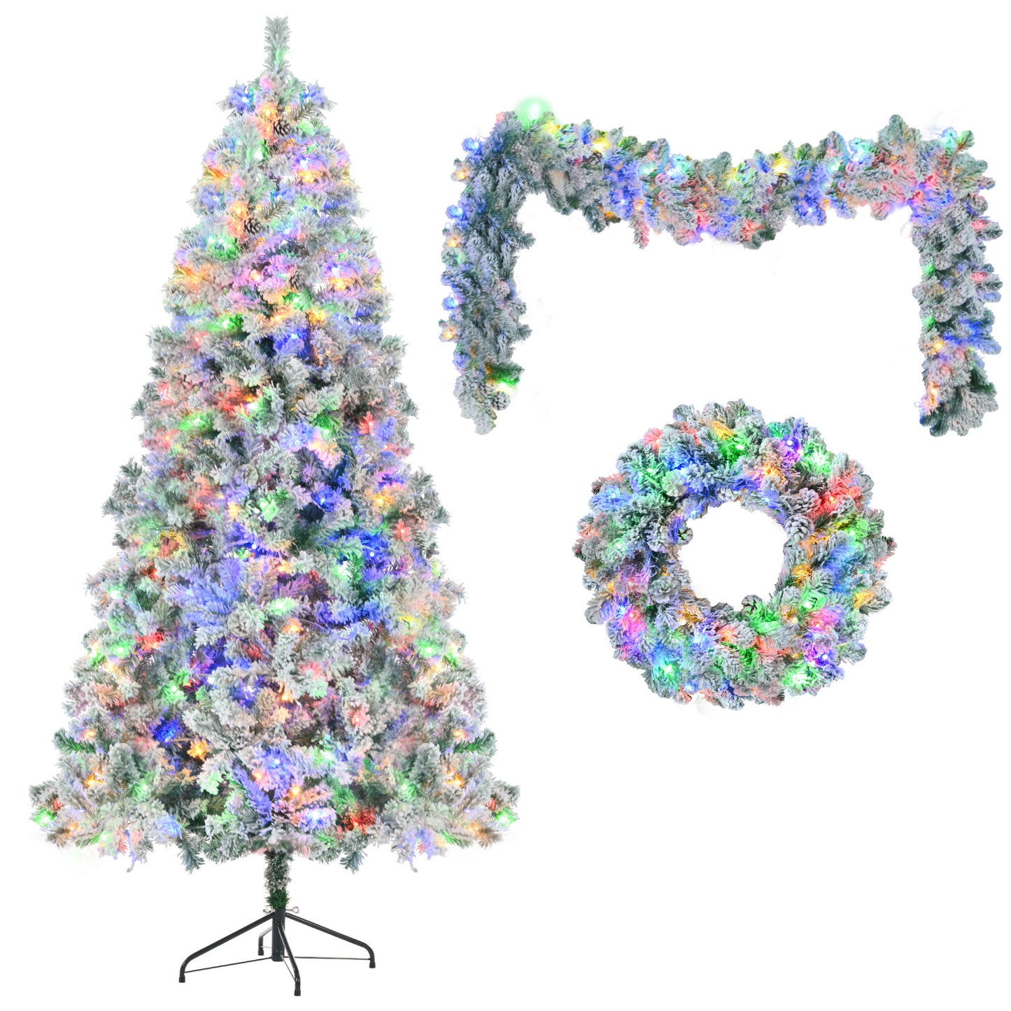 Snow Flocked 6FT Christmas Tree with LED Lights & Garland | Prelit Holiday Decor, Pine Cones