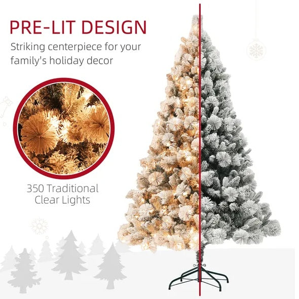 6.5FT Pre-Lit Snow Flocked Christmas Tree with 350 Lights & Metal Stand | Holiday Home Decor