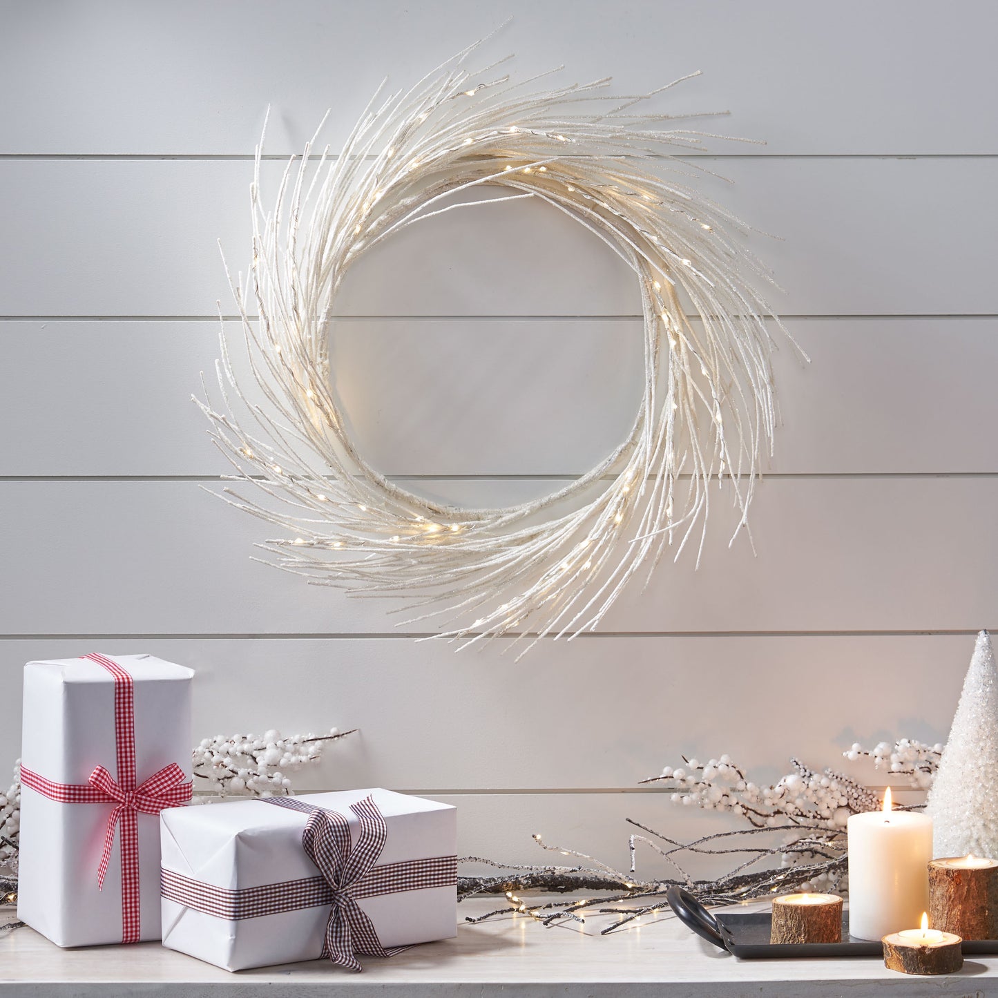 24” Lighted Paper Christmas Wreath – Warm White LEDs, Timer, Battery Operated | Elegant Holiday Wall or Door Deco