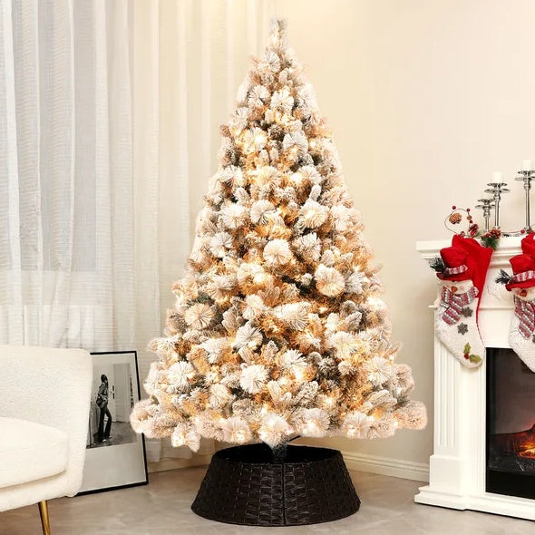 6.5FT Pre-Lit Snow Flocked Christmas Tree with 350 Lights & Metal Stand | Holiday Home Decor