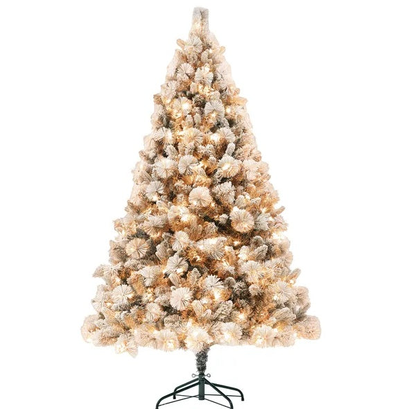6.5FT Pre-Lit Snow Flocked Christmas Tree with 350 Lights & Metal Stand | Holiday Home Decor