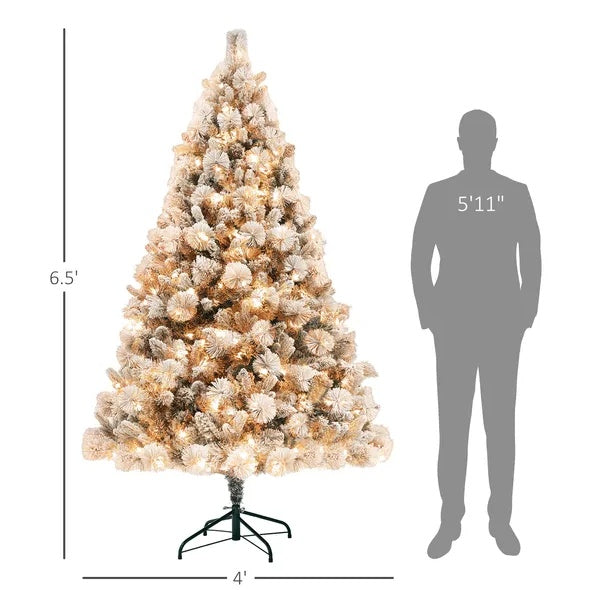 6.5FT Pre-Lit Snow Flocked Christmas Tree with 350 Lights & Metal Stand | Holiday Home Decor