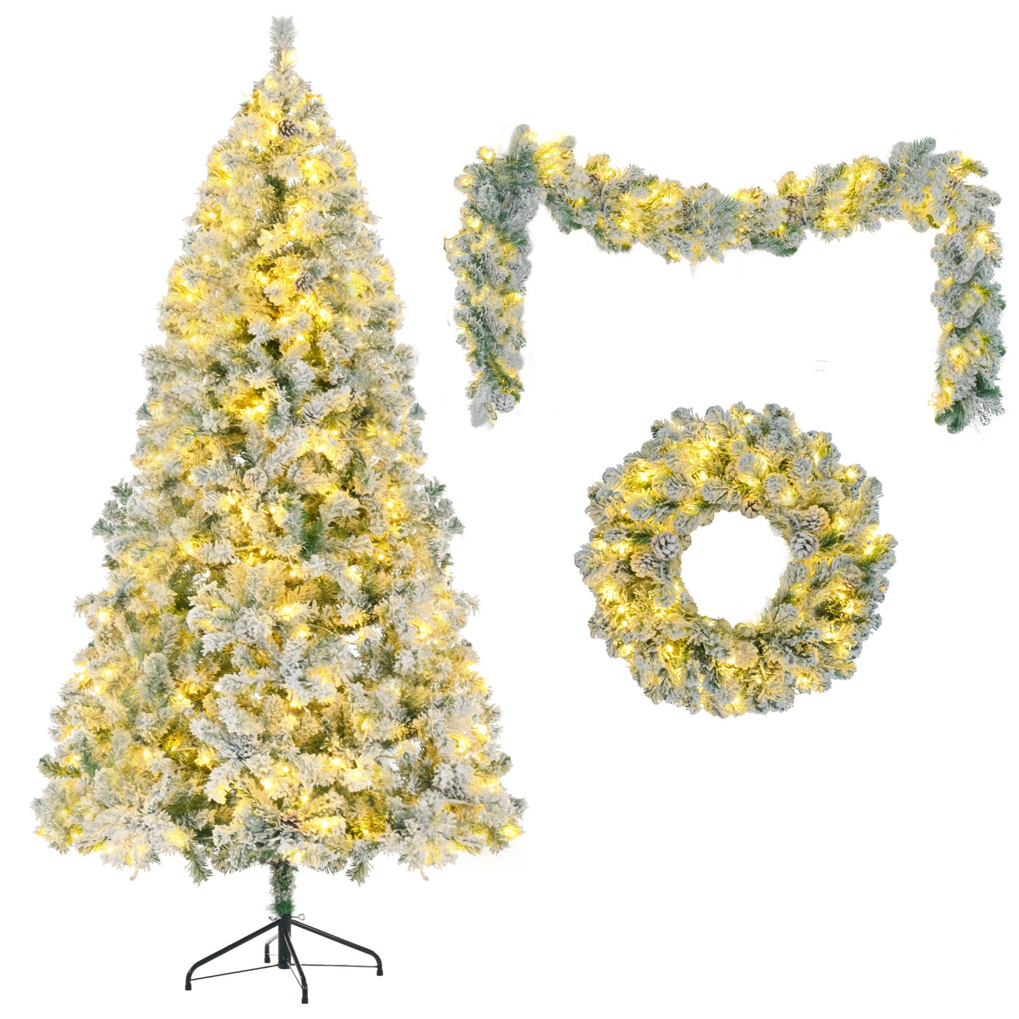 Snow Flocked 6FT Christmas Tree with LED Lights & Garland | Prelit Holiday Decor, Pine Cones