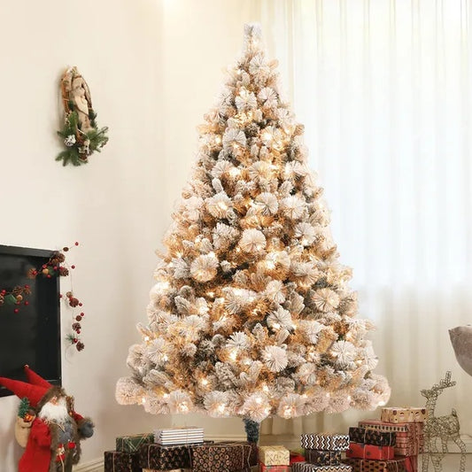 6.5FT Pre-Lit Snow Flocked Christmas Tree with 350 Lights & Metal Stand | Holiday Home Decor